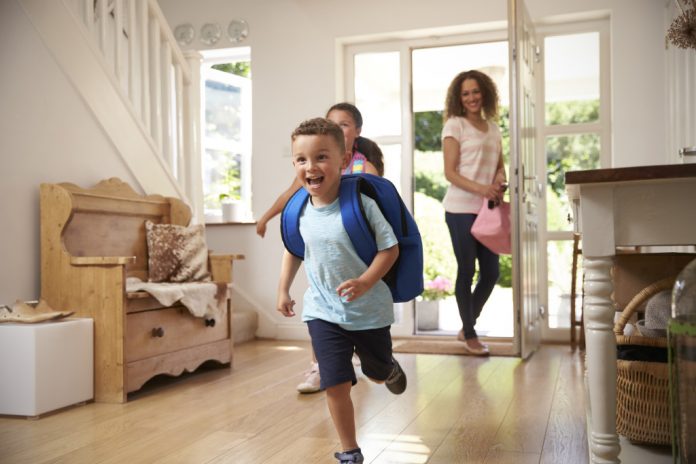 Excited Children Returning Home From School With Mother-kidhours